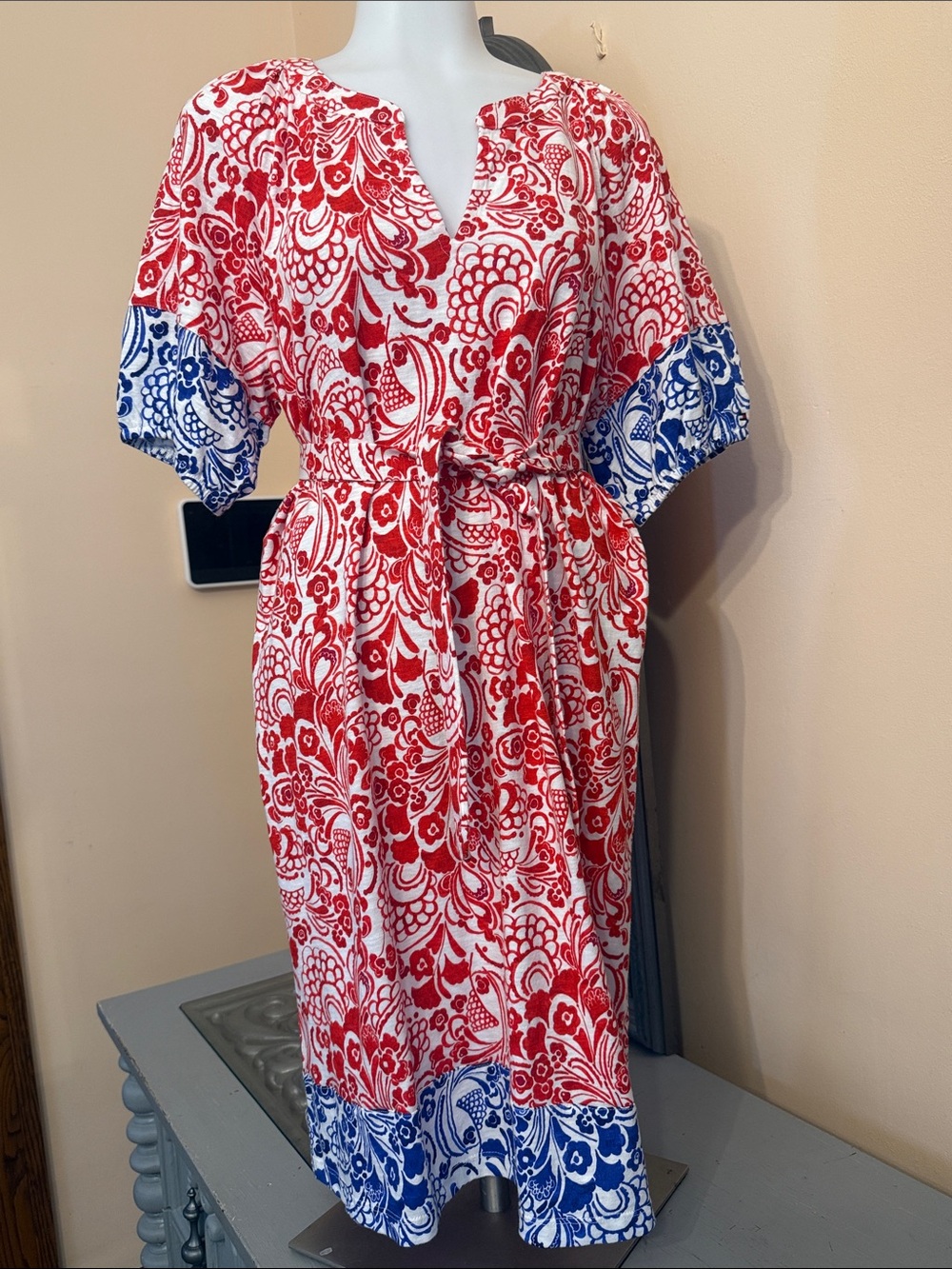 Tommy Hilfiger Medium Cotton Red & Blue Floral Printed Tie Waist Dress